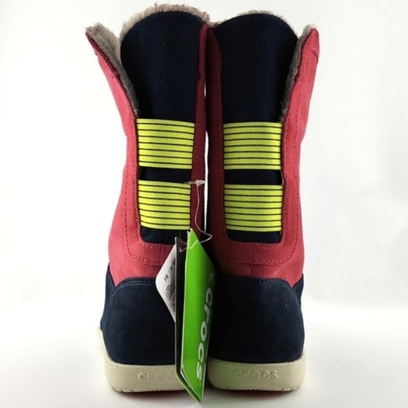 Crocs Adela Women's Foldover Fuzz Leather  Pink Boots Poppy Stucco Navy Size 6 - Picture 7 of 15